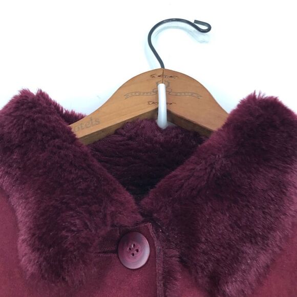 Maroon Faux Suede Burgundy Faux Fur Lined Button Up Holiday Jacket - Picture 3 of 16